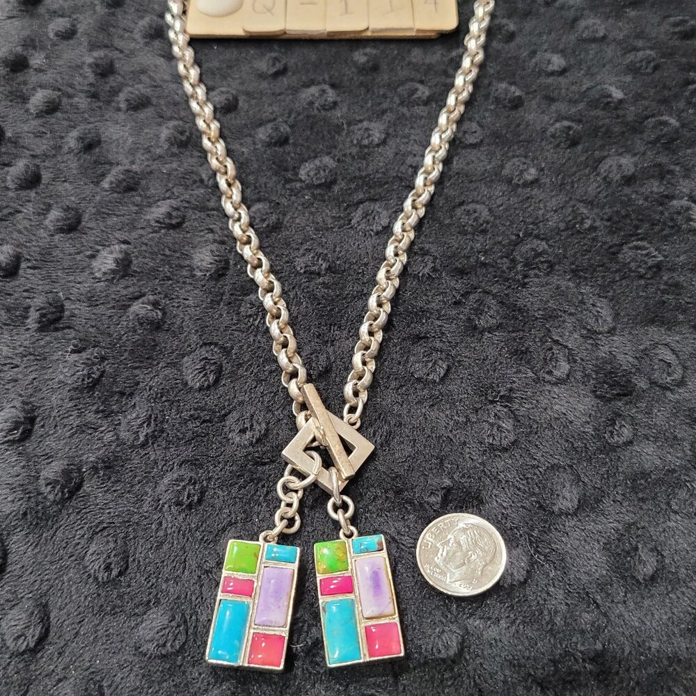 925 Sterling Silver Multi stone and Turquoise in 2 rectangles on a heavy Q114